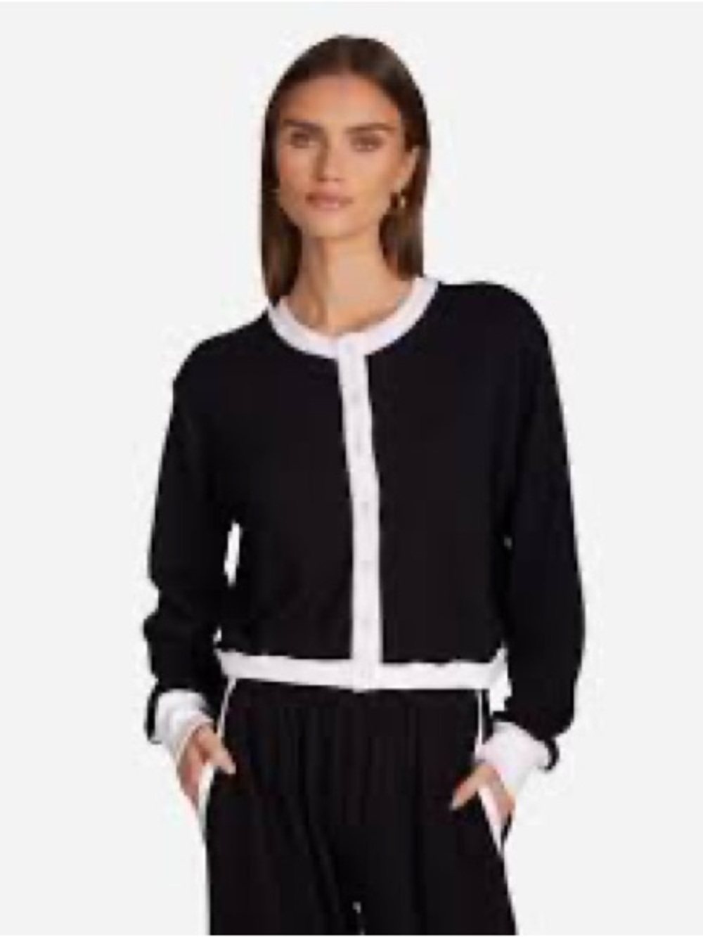 Black Cashmere Cardigan with White Contrast Trim